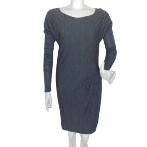 REBECCA TAYLOR Dress, L, Slub Jersey, Gathered, Long sleeve, Charcoal Gray